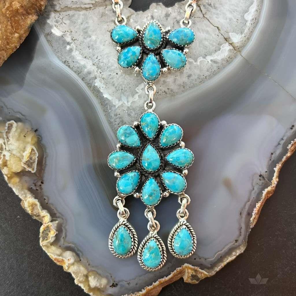 Sterling Silver Southwestern Style 25 Teardrop Turquoise Cluster 17" Necklace For Women