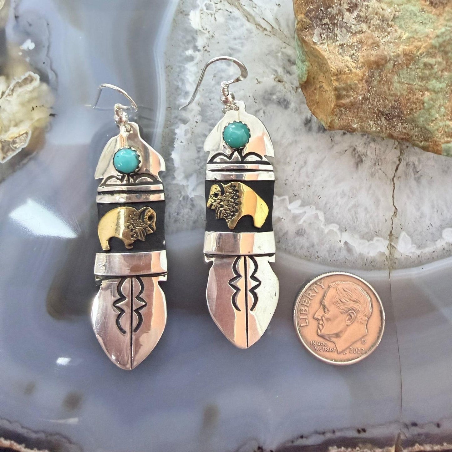 Tommy & Rosita Singer Sterling Silver & GF Bison w/Turquoise Dot Dangle Earrings For Women