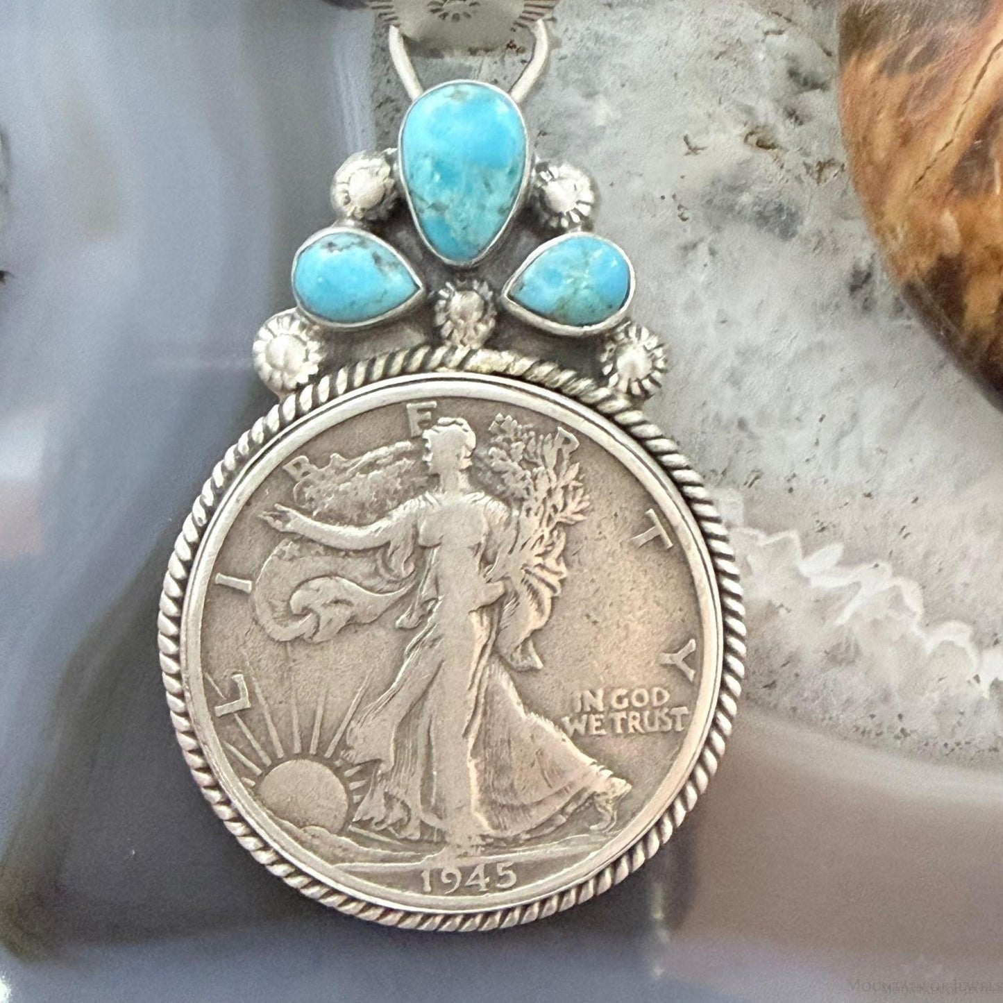 Genuine 1945 90% Walking Liberty Half Dollar Coin Turquoise Decorated Pendant