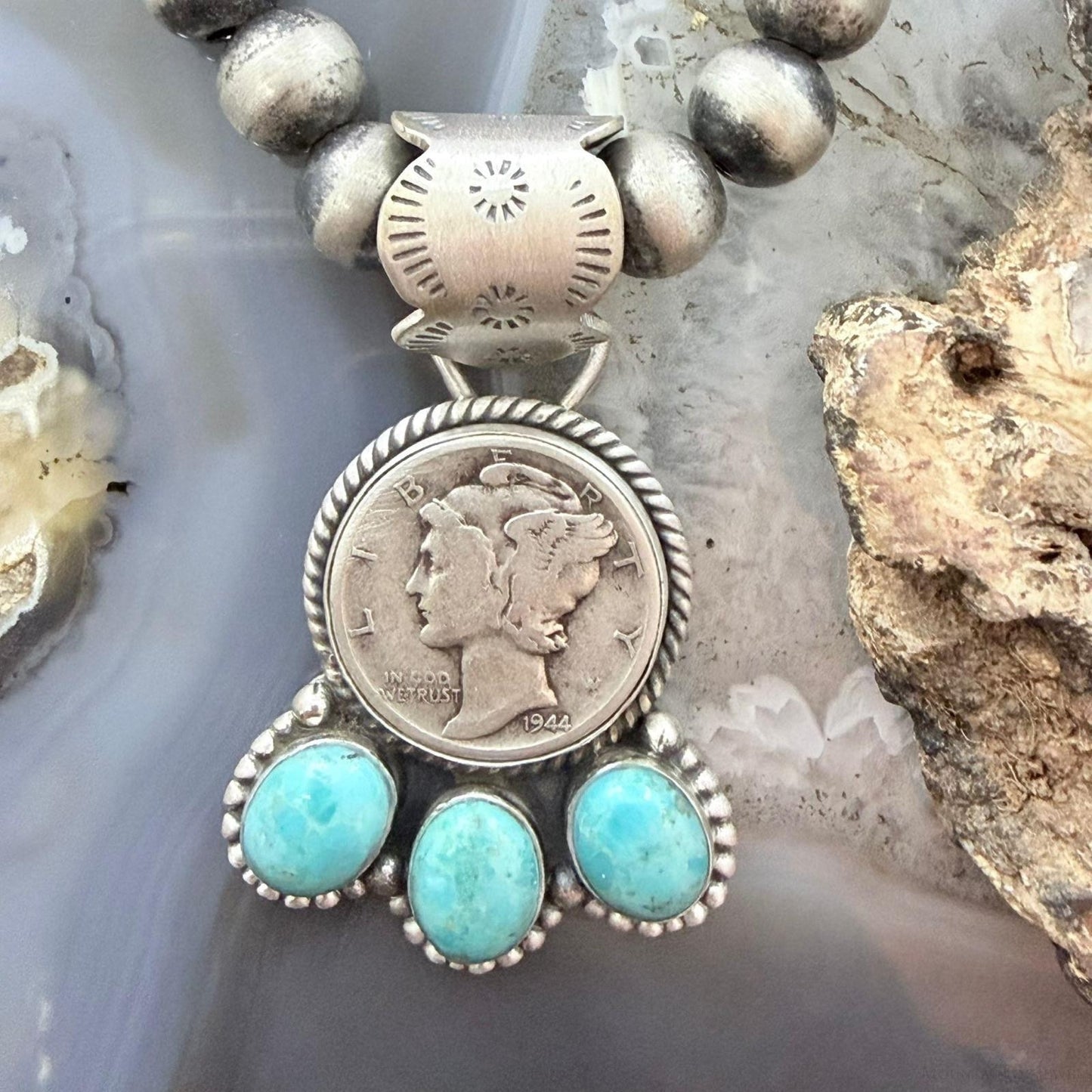 Genuine 1944 90% Silver Mercury Dime Coin w/Oval Turquoise Decorated Unisex Pendant