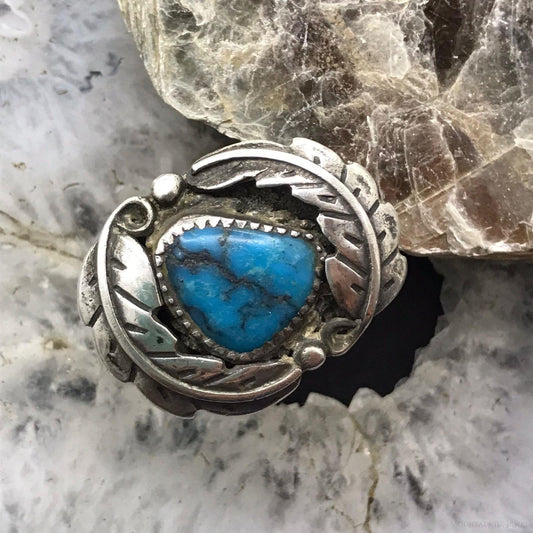 Vintage Native American Silver Natural Turquoise Floral Ring Size 6.5 For Women