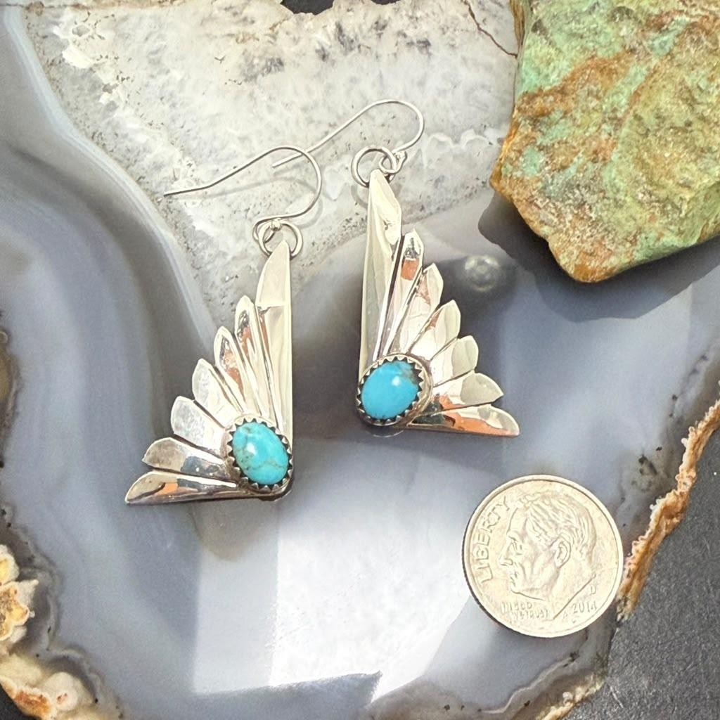 Michael Nez Navajo Sterling Silver Oval Turquoise Cloud Dangle Earrings For Women