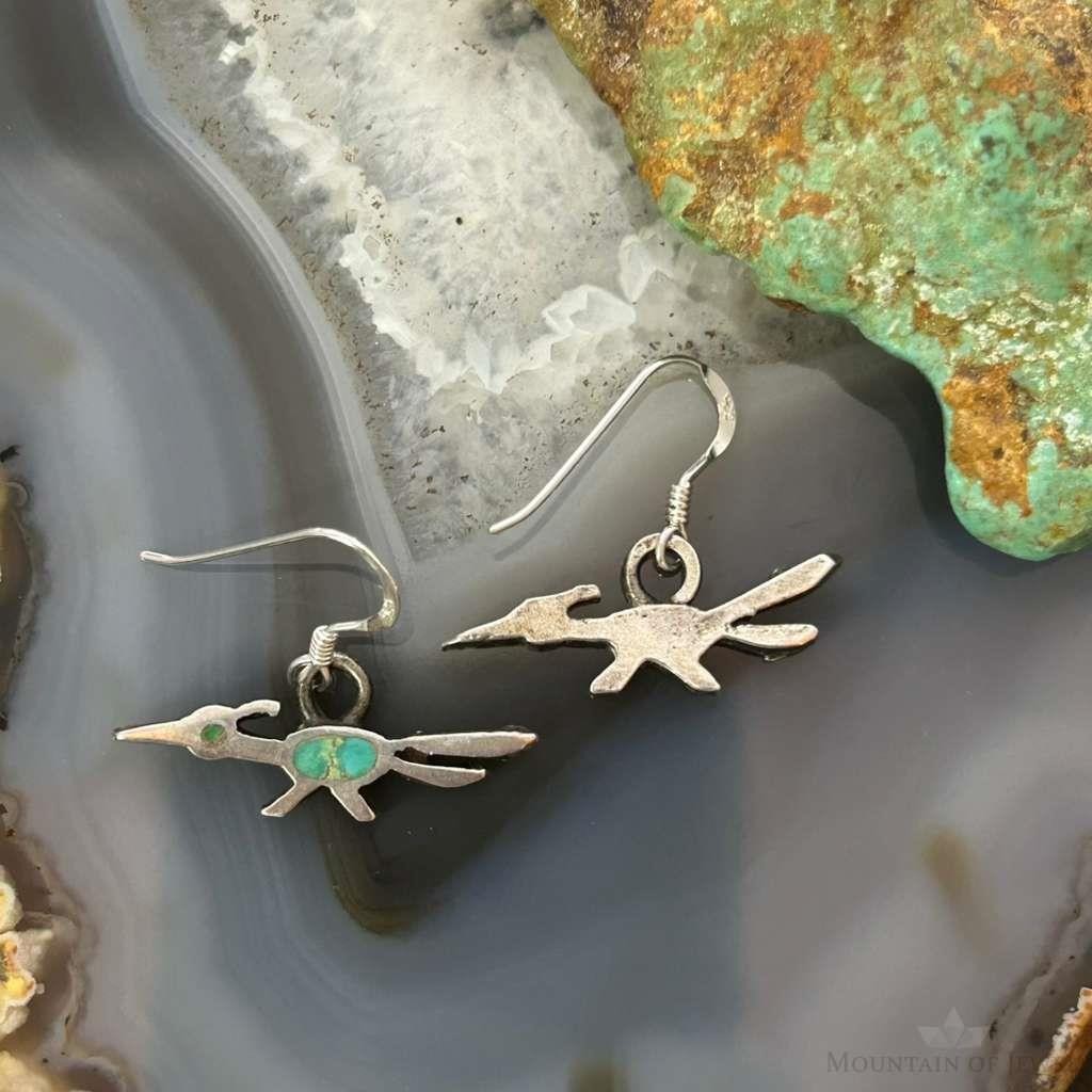 Vintage Silver Native American Roadrunner w/Turquoise Dangle Earrings For Women