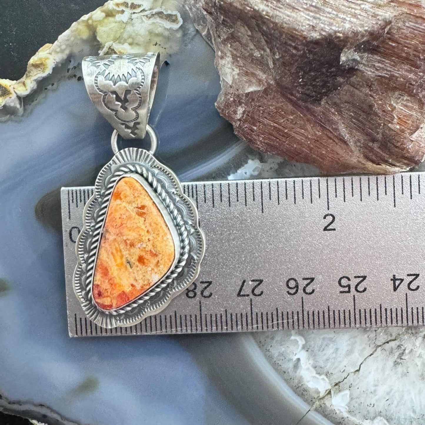 Gilbert Platero Sterling Silver Triangle Orange Spiny Oyster Pendant For Women