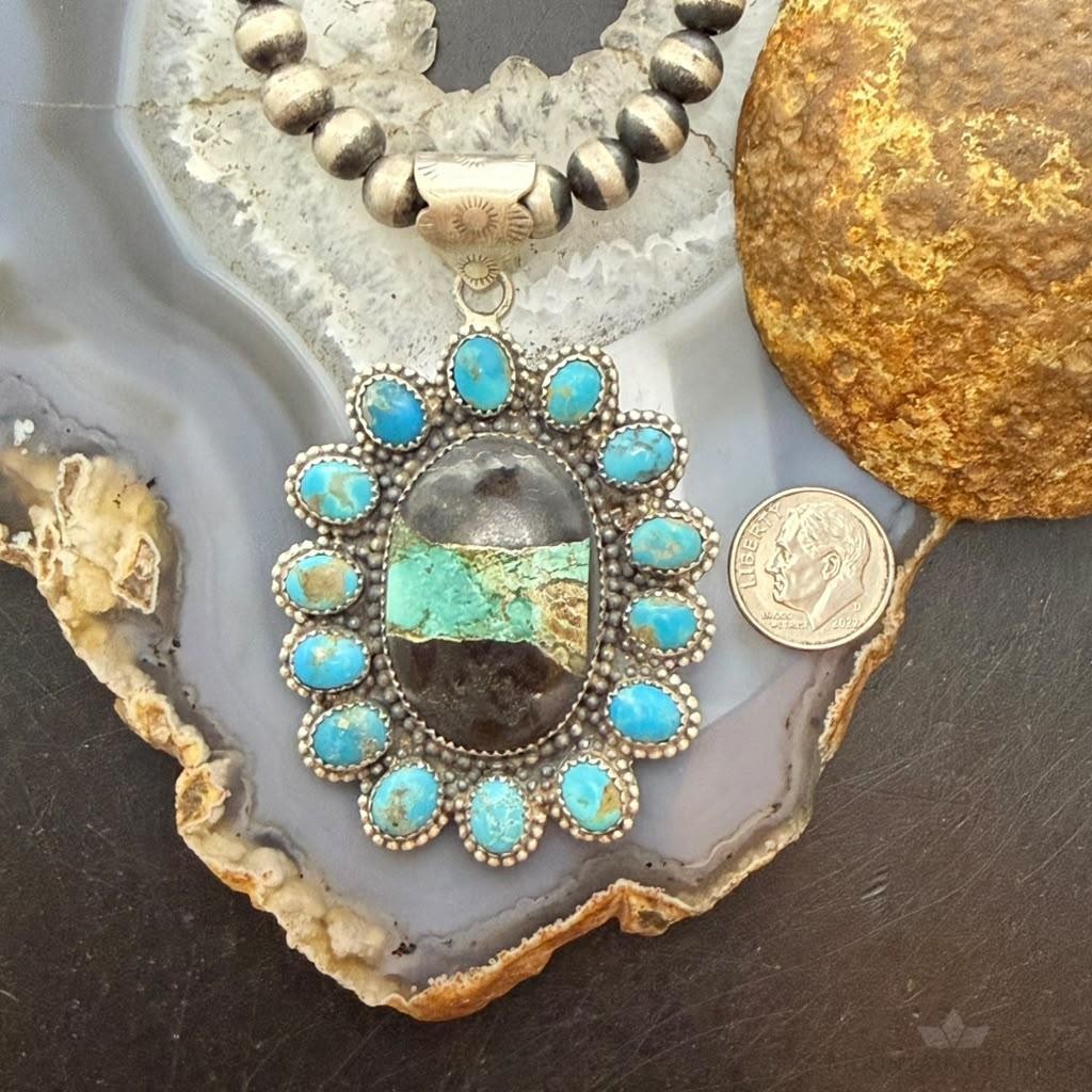 Sterling Silver Southwestern Style Oval Blackjack Turquoise Cluster Pendant For Women