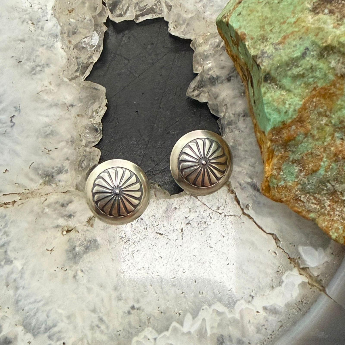 Native American Sterling Silver Round Stamped Concho Stud Earrings For Women