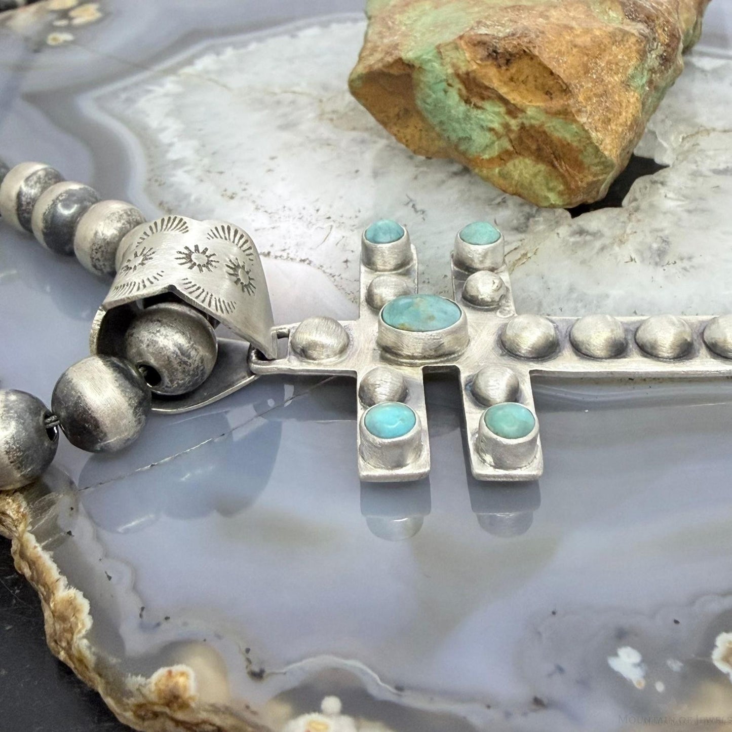 Sterling Silver Southwestern Style Cross with Turquoise Decorated Unisex Pendant