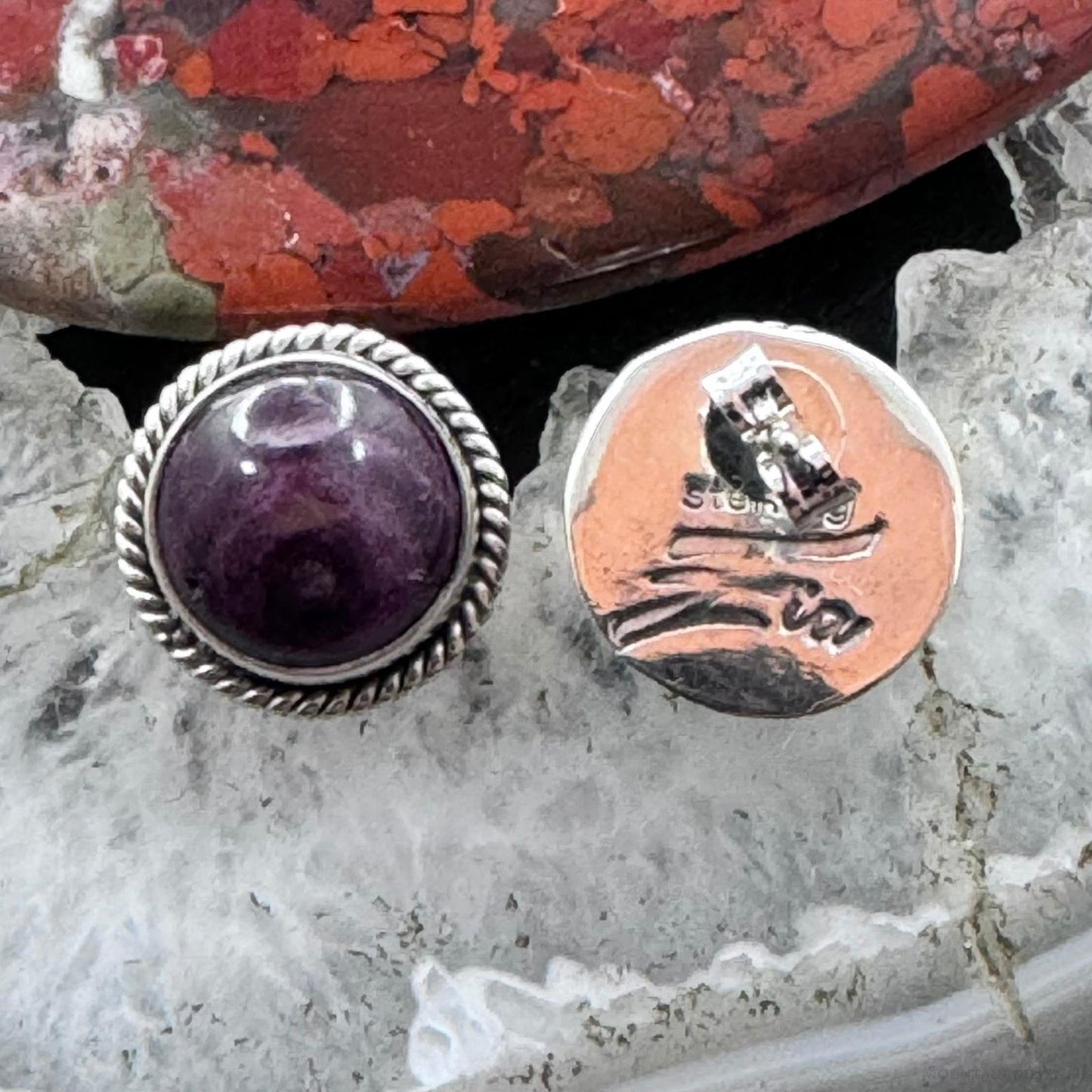 Native American Sterling Silver Round Purple Spiny Oyster Stud Earrings For Women