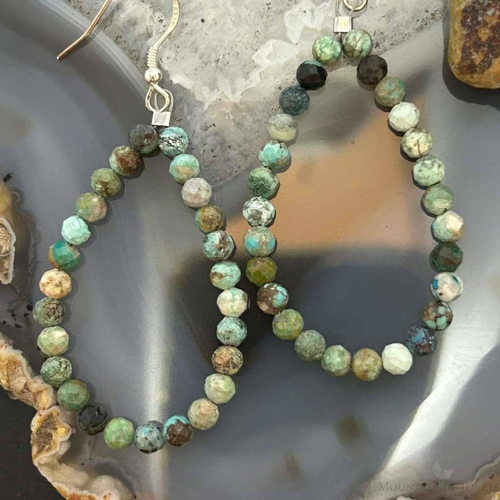 Sterling Silver Rounded Faceted Hubei Turquoise Hoop Dangle Earrings For Women