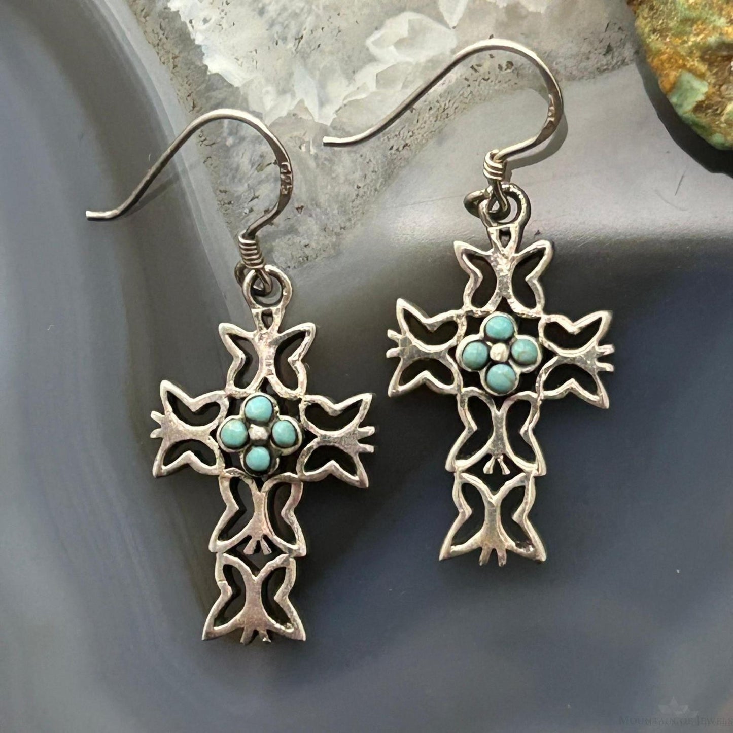 Sterling Silver Southwestern Style Turquoise Cross Dangle Earrings For Women