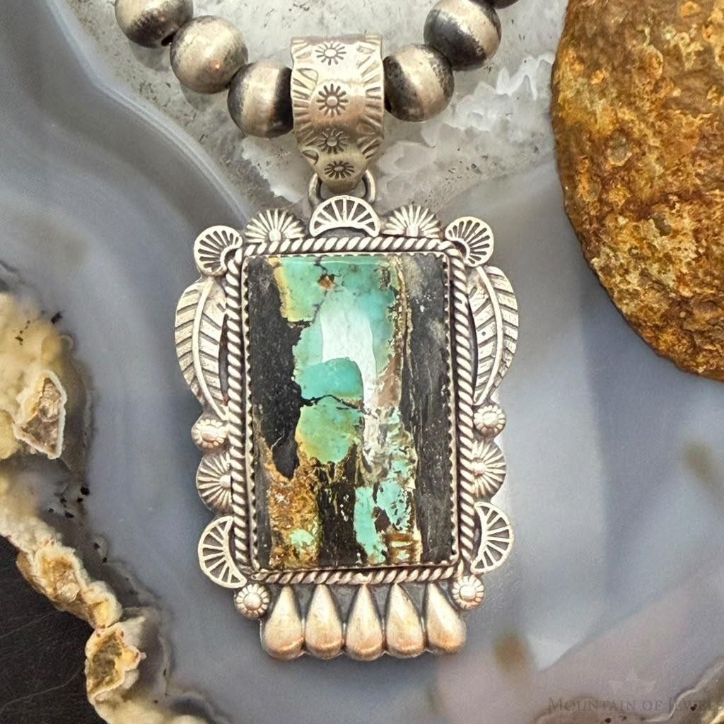 Sterling Silver Southwestern Style Rectangle Blackjack Turquoise Decorated Pendant #2