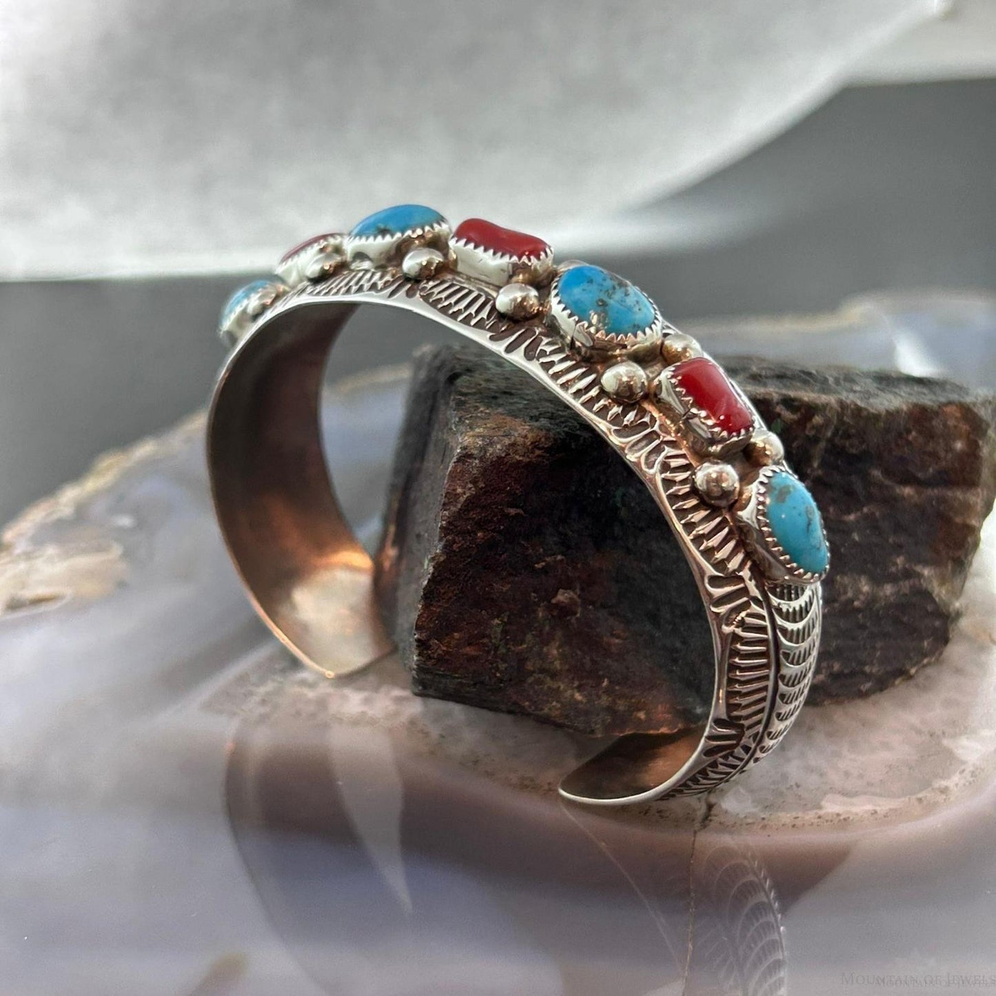 Grace Silver Native Americn Sterling Silver Turquoise & Coral Row Bracelet For Women