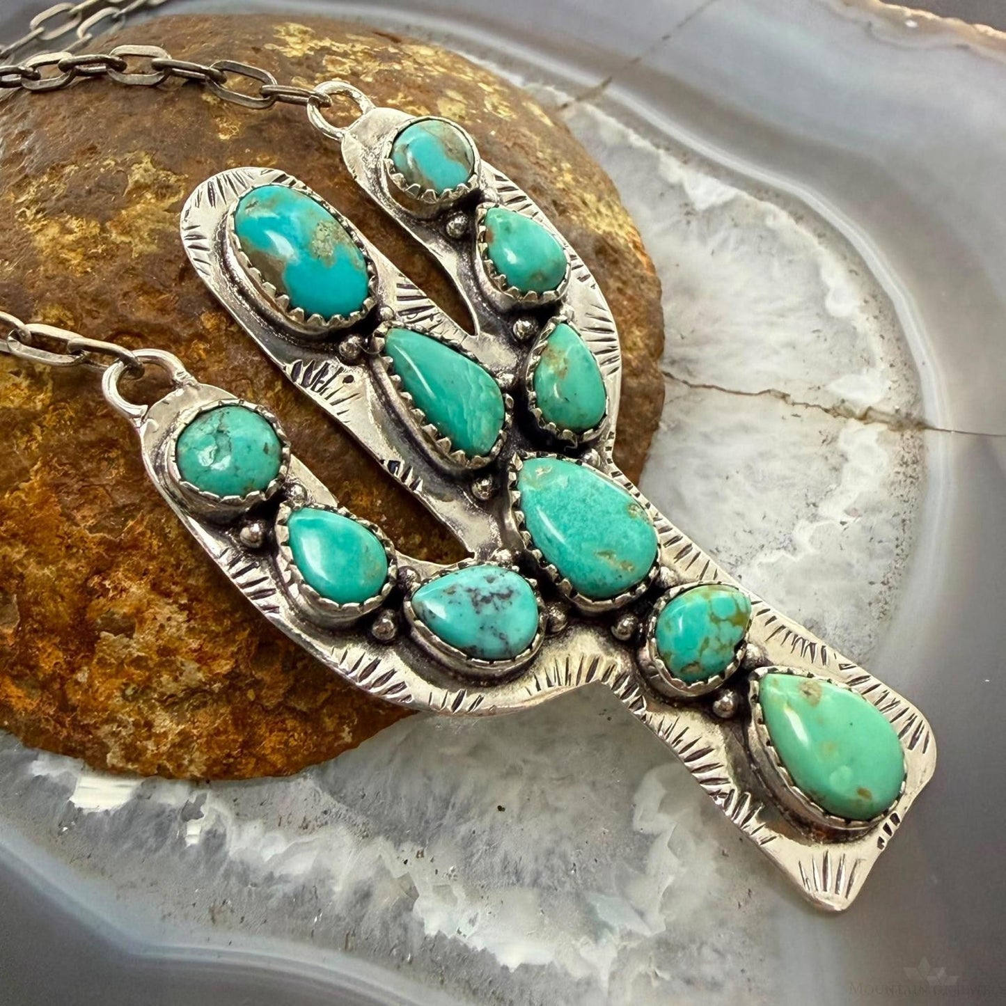 Sterling Southwestern Style Kingman Turquoise Cactus Pendant 22.5" Necklace #1