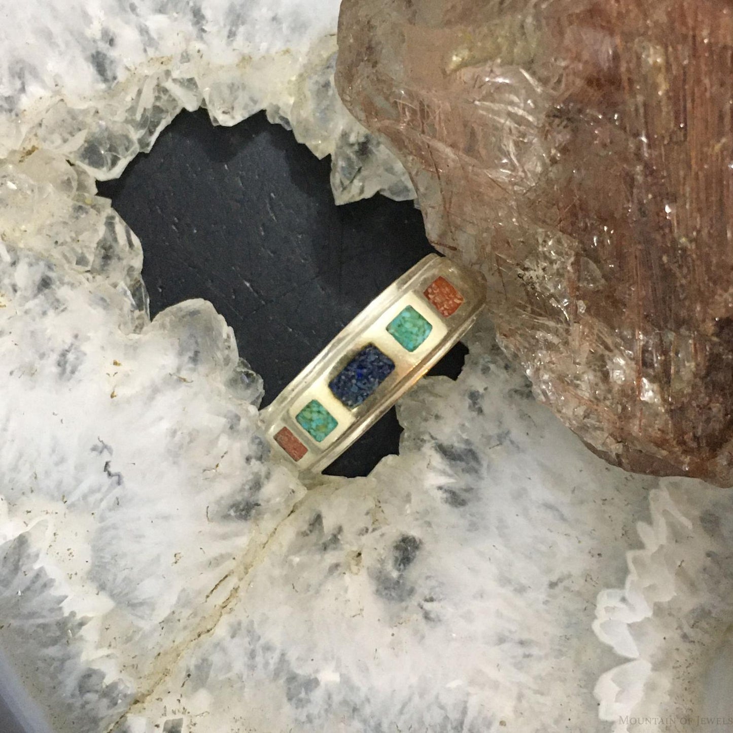 Carolyn Pollack Vintage Southwestern Style Sterling Silver Multi-gemstone Inlay Unisex Band Ring