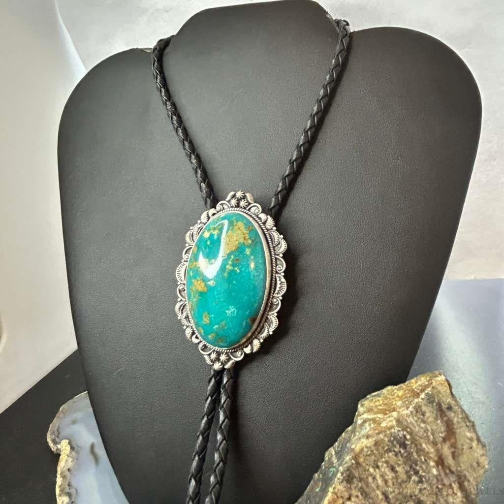 Sterling Silver Southwestern Style Large Oval Turquoise Decorated Bolo Tie For Men