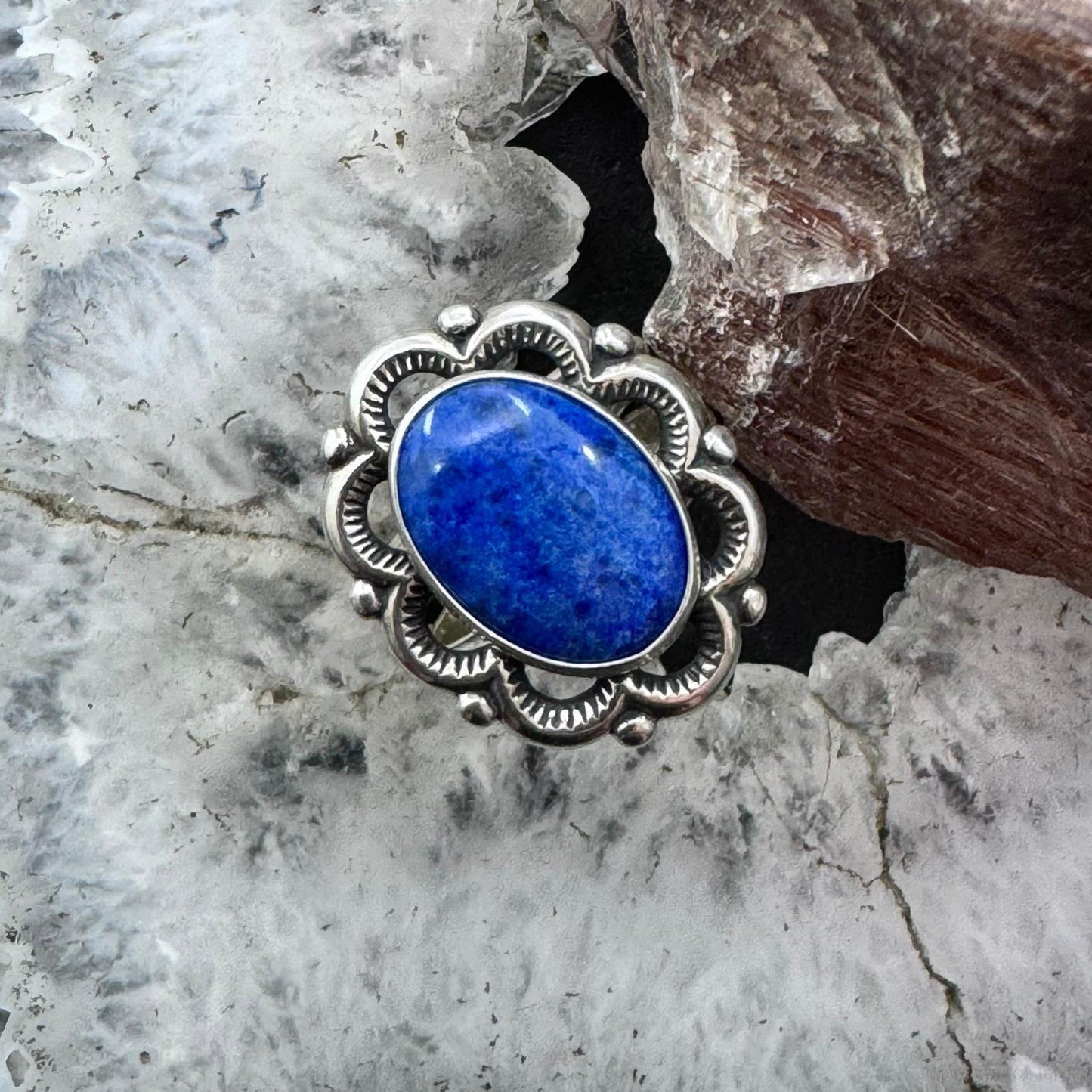 Quoc Turquoise Inc. Sterling Silver Oval Denim Lapis Decorated Ring Size 5 For Women