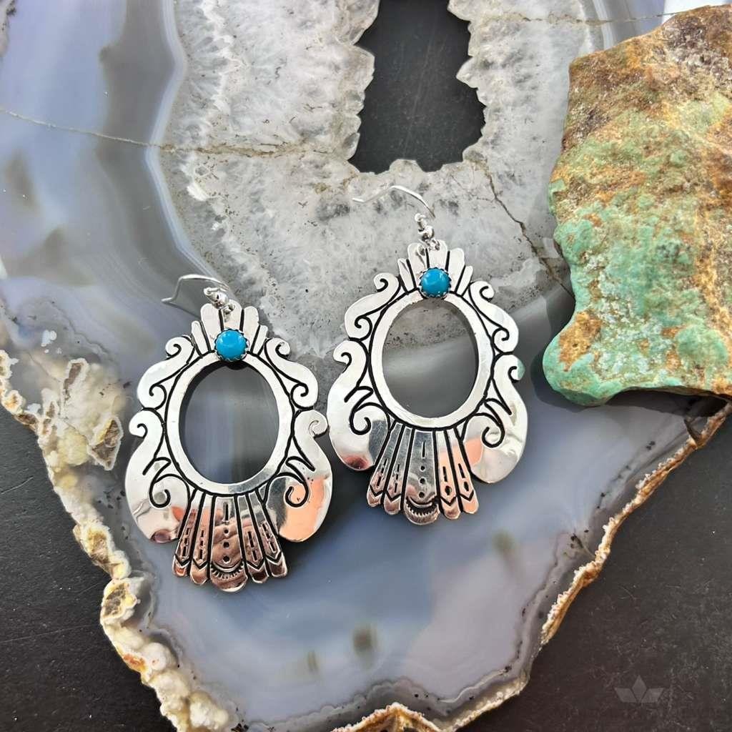 Tommy & Rosita Singer Sterling Silver Dot Turquoise Engraved Dangle Earrings For Women #1