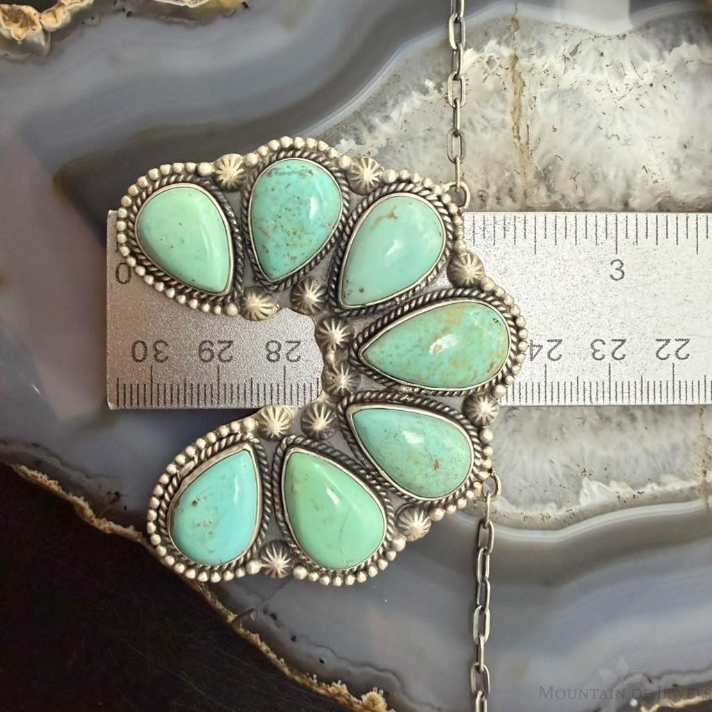 Sterling Silver Southwestern Style 7 Teardrop Royston Turquoise Naja Necklace For Women
