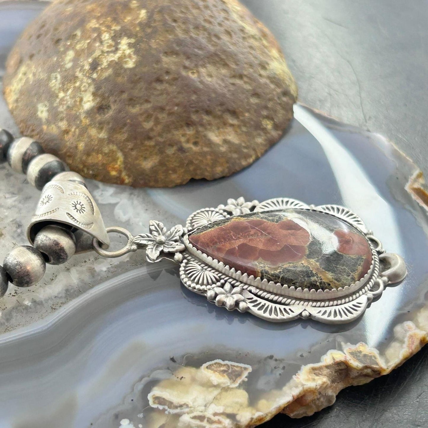 Sterling Silver Southwestern Style Peanut Obsidian Decorated Pendant For Women