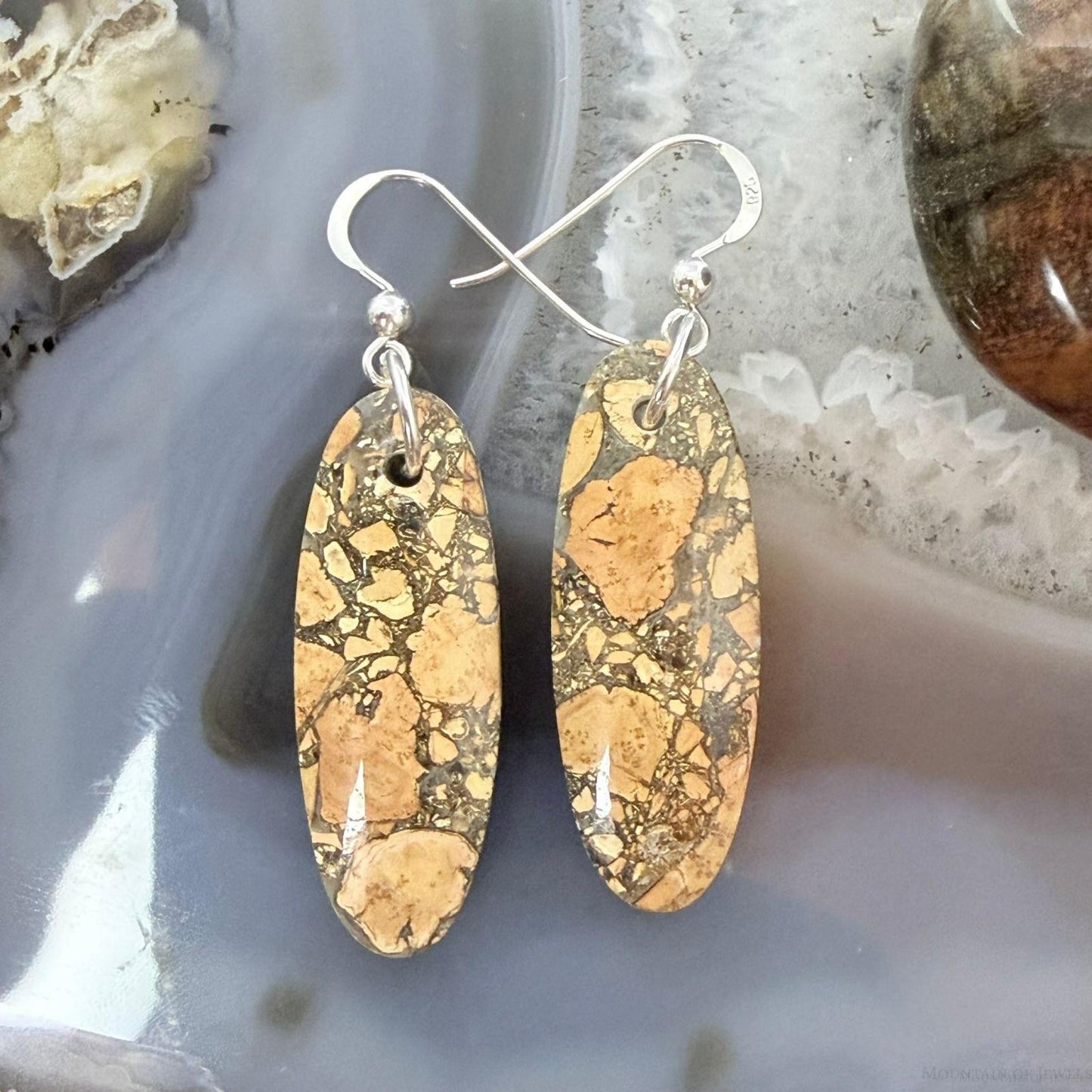 Sterling Silver Oval Maligano Jasper Slab Dangle Earrings For Women #505