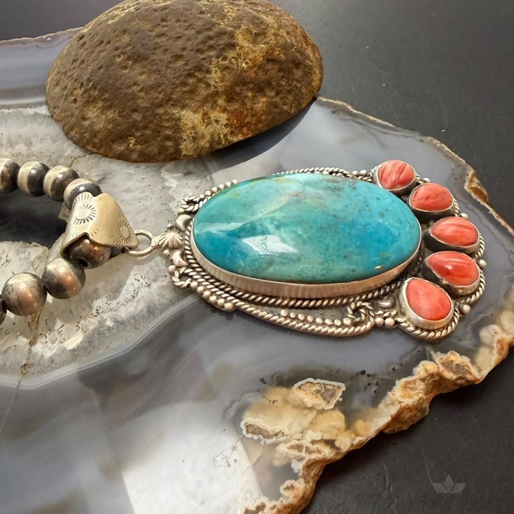 Sterling Silver Southwestern Style Oval Turquoise & Spiny Oyster Decorated Pendant