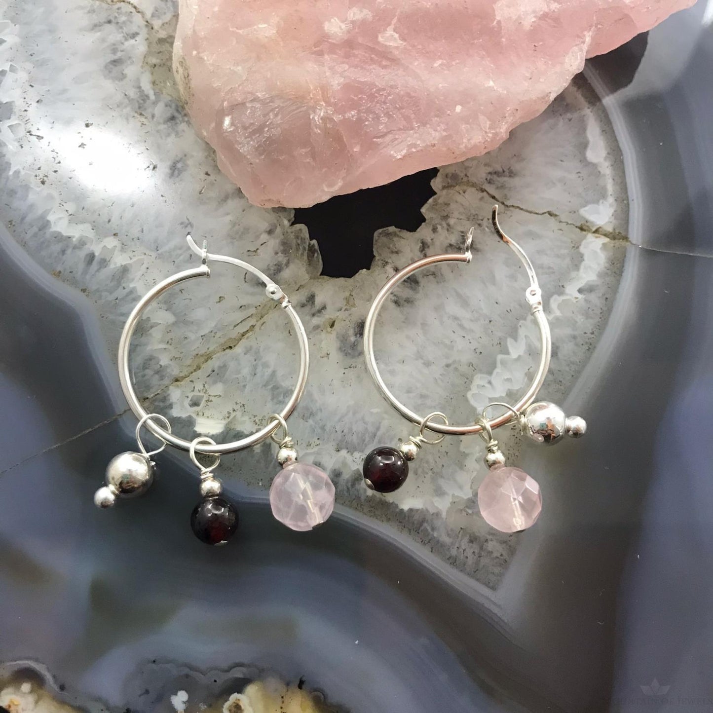 Carolyn Pollack Sterling Silver Removable Rose Quartz & Garnet Bead Hoop Earrings For Women