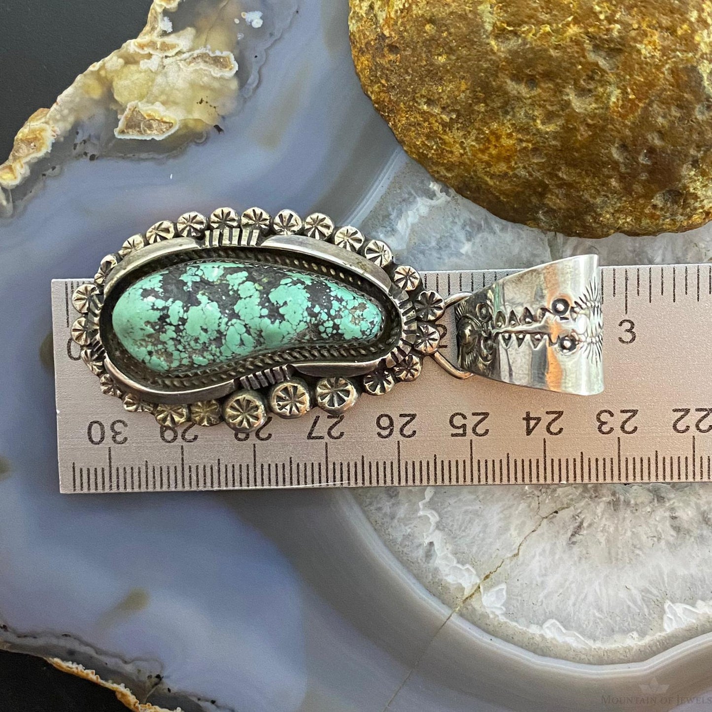 Native American Sterling Silver Green Kingman Turquoise Decorated Pendant