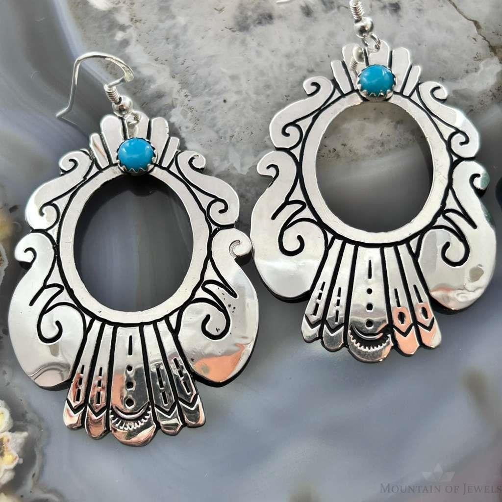 Tommy & Rosita Singer Sterling Silver Dot Turquoise Engraved Dangle Earrings For Women #1