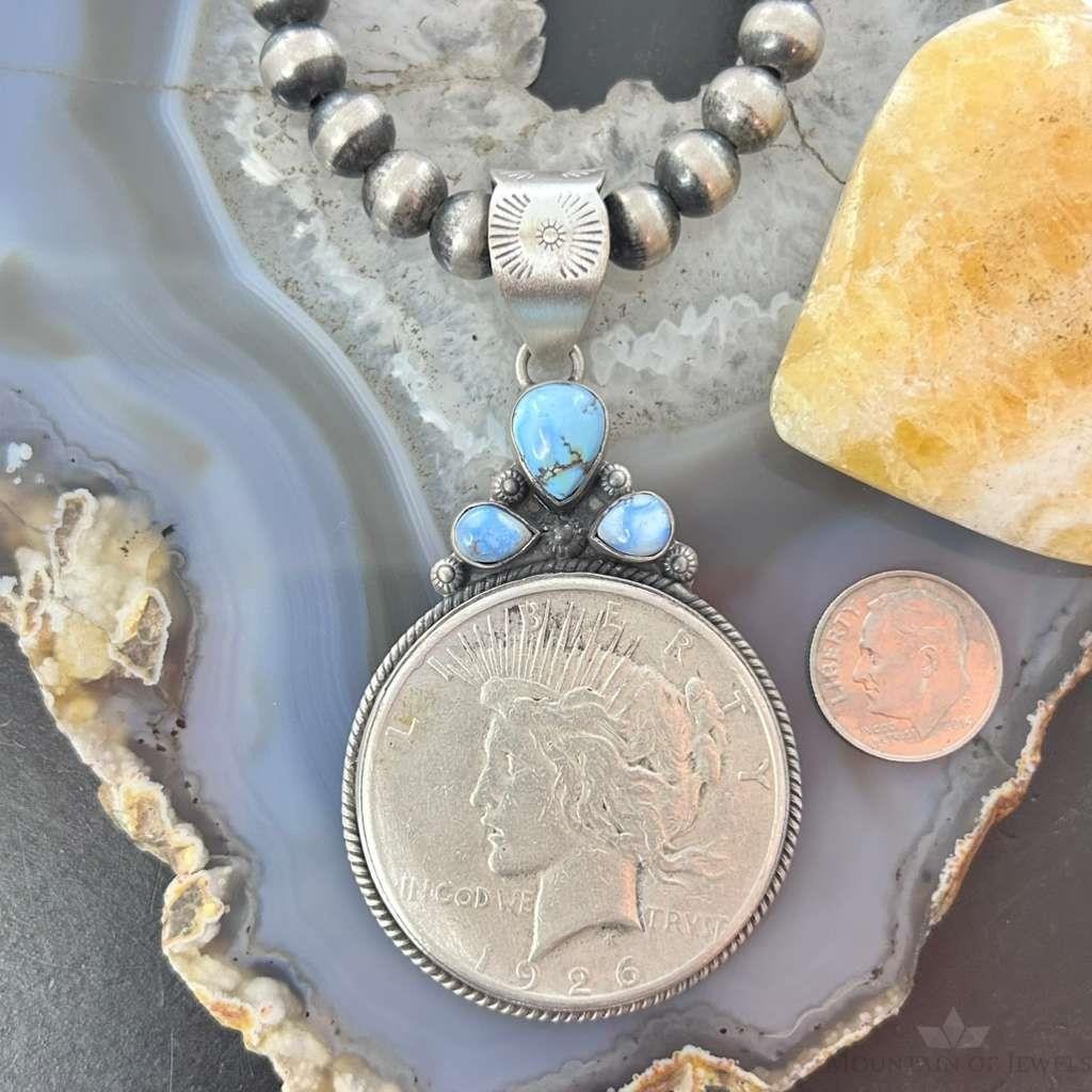 Genuine 1926 90% Peace Silver Dollar Coin Golden Hill Turquoise Unisex Pendant
