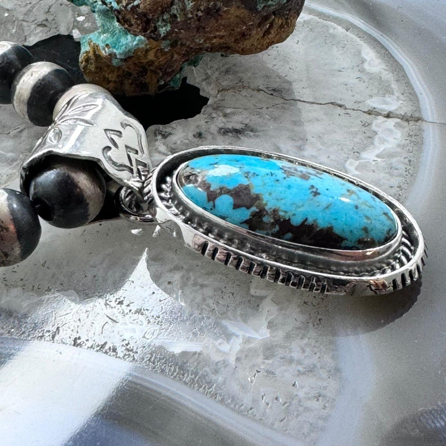 Native American Sterling Silver Elongated Oval Turquoise #8 Pendant For Women #1