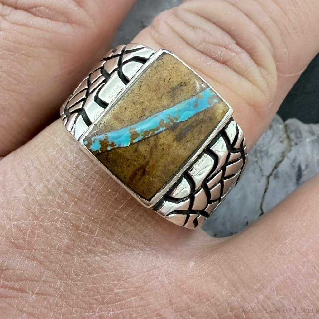 Native American Sterling Silver Ribbon Boulder Turquoise Ring Size 12 For Men