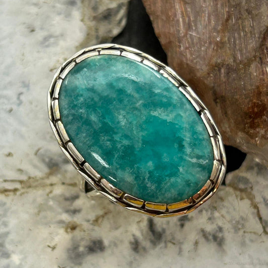 Sterling Silver Southwestern Style Oval Amazonite Decorated Ring Size 10 For Women