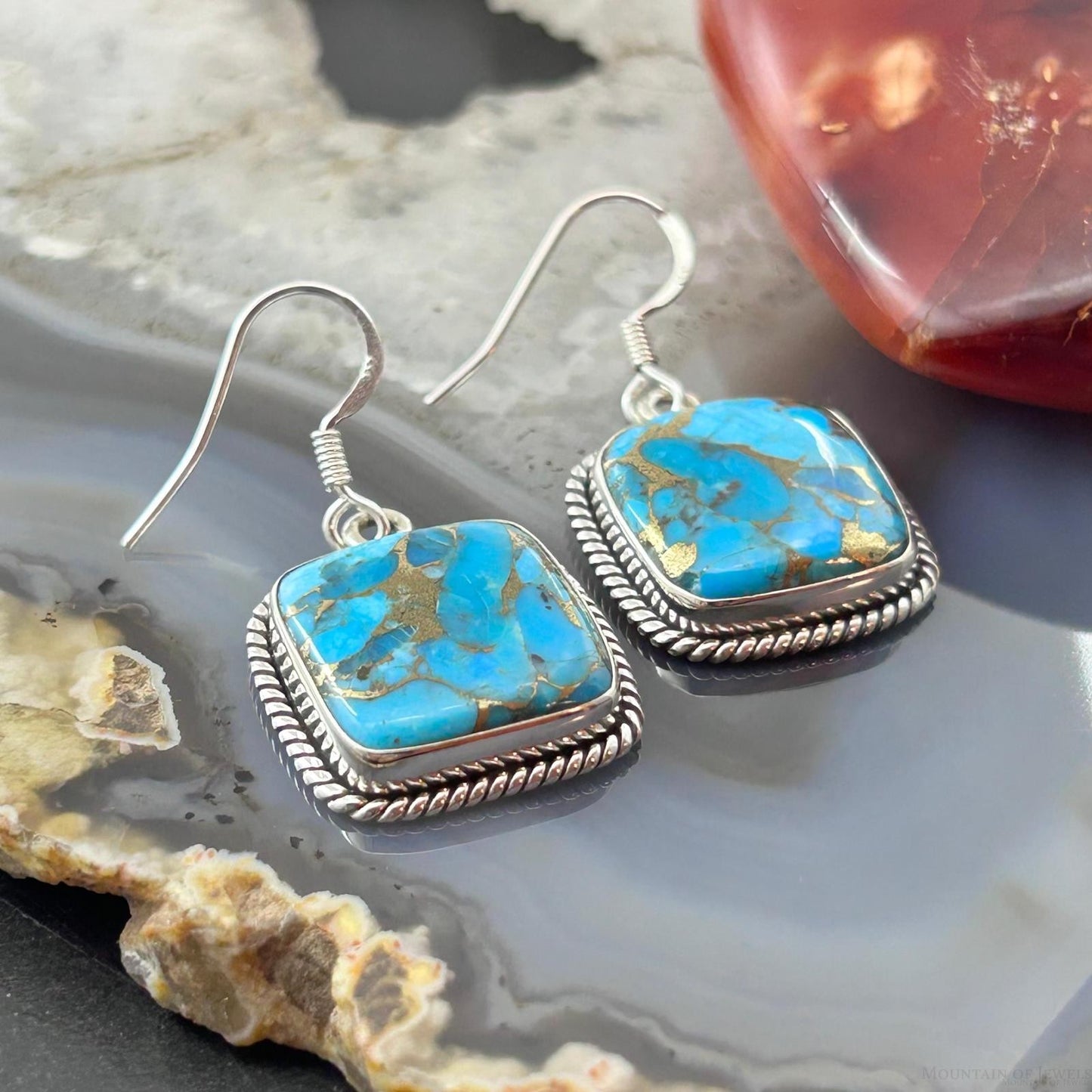 Sterling Silver Southwestern Style Blue Copper Turquoise Dangle Earrings For Women