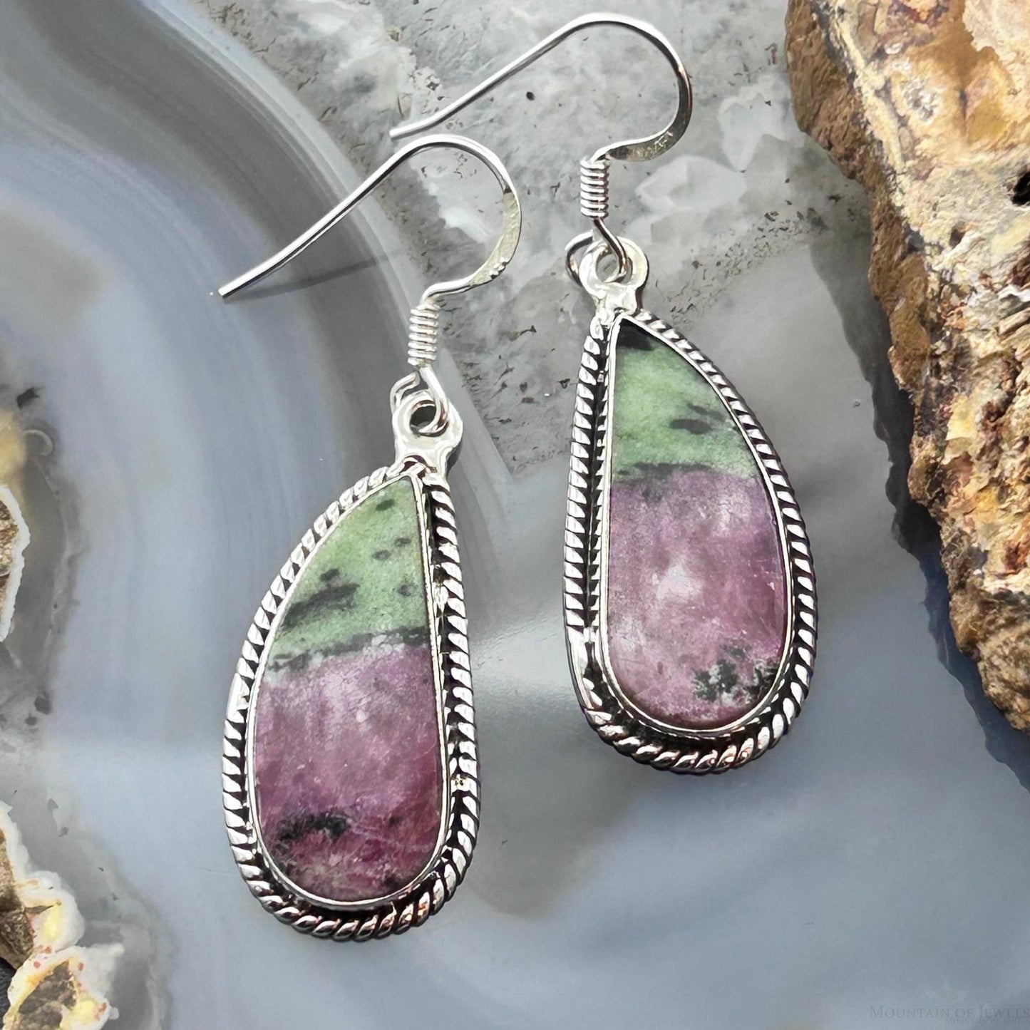 Sterling Silver Southwestern Style Paisley Ruby Zoisite Dangle Earrings For Women