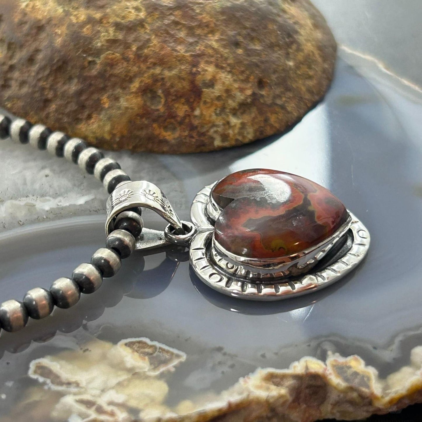 Sterling Silver Southwestern Style Seam Agate Heart Pendant For Women #2