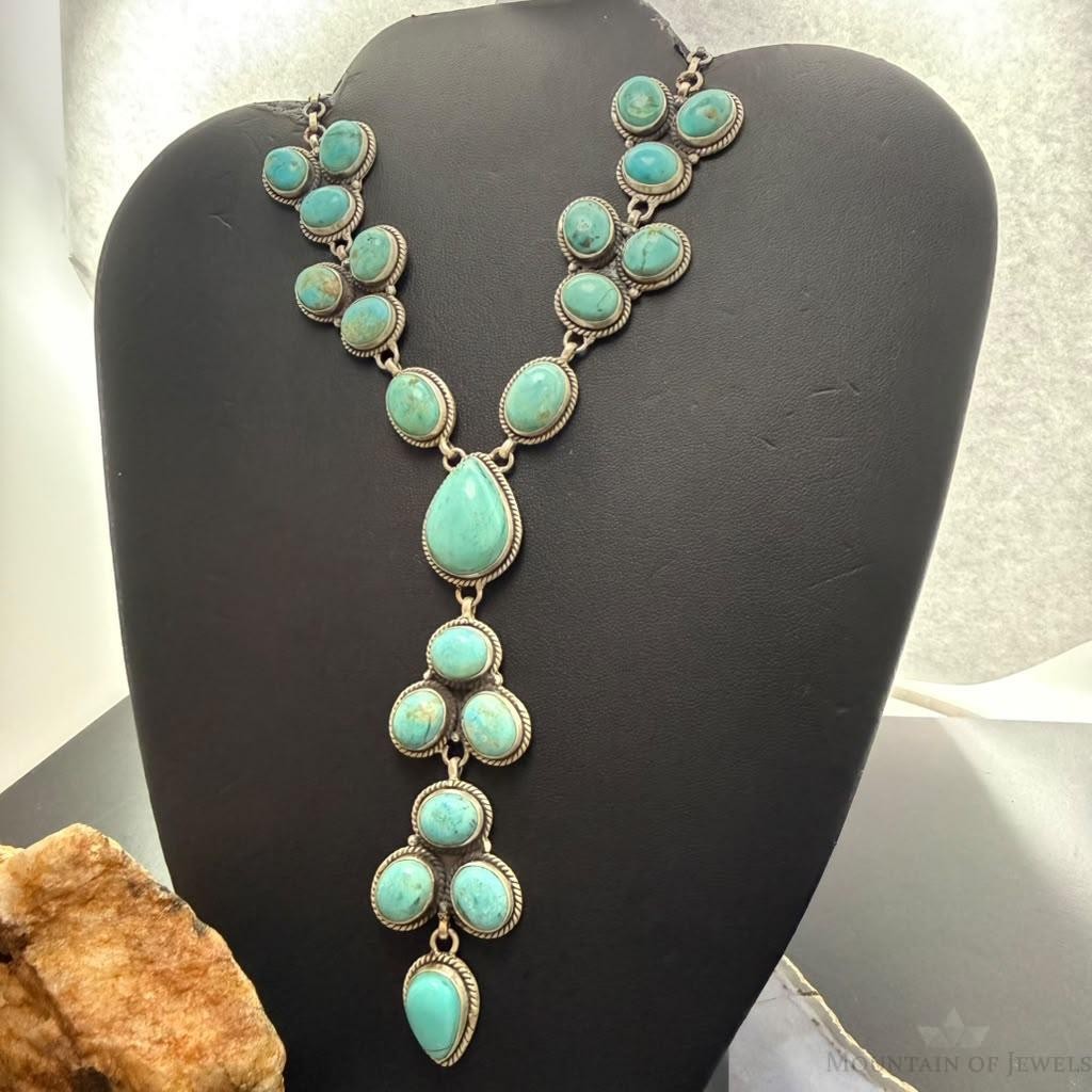 Sterling Silver Southwestern Style KingmanTurquoise Lariat Cluster 24.5" Necklace