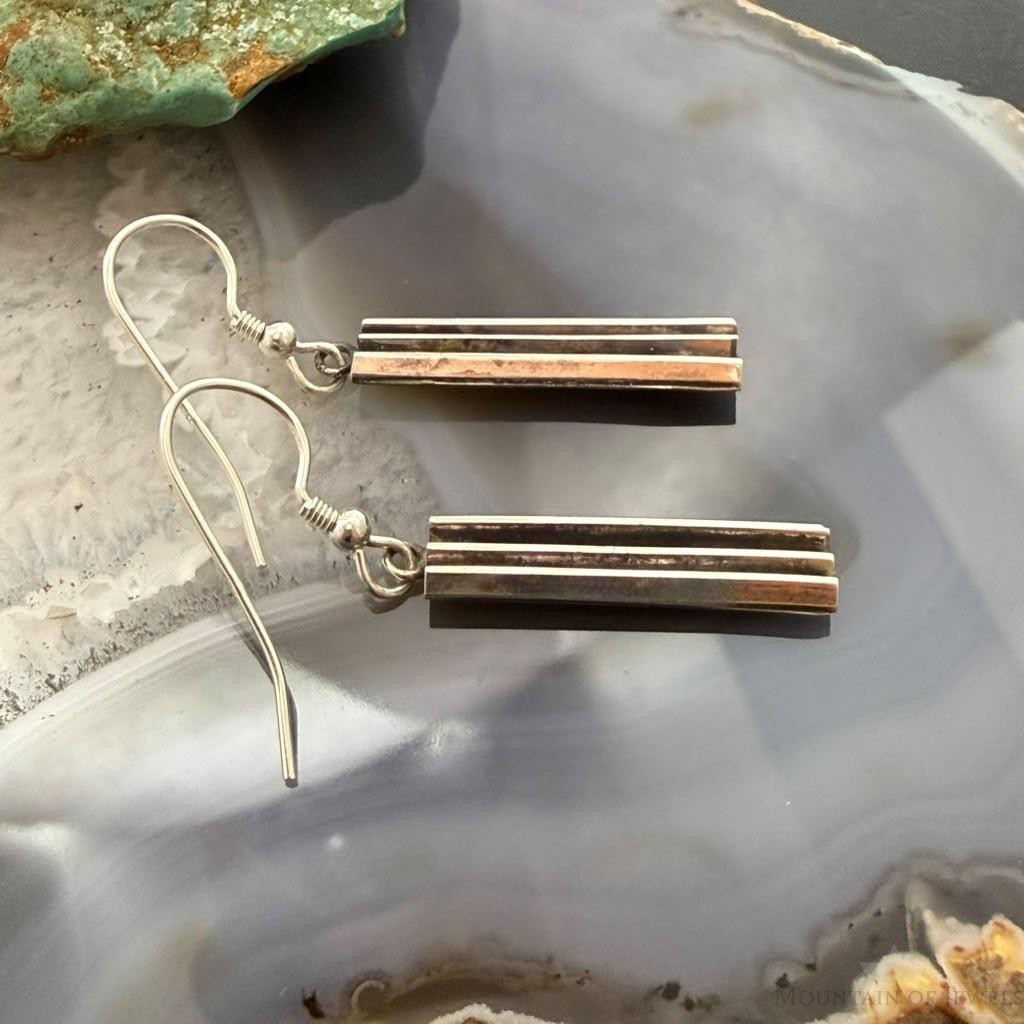 Lyle Wright Taos Pueblo Silver Grooved Rectangle Dangle Earrings For Women