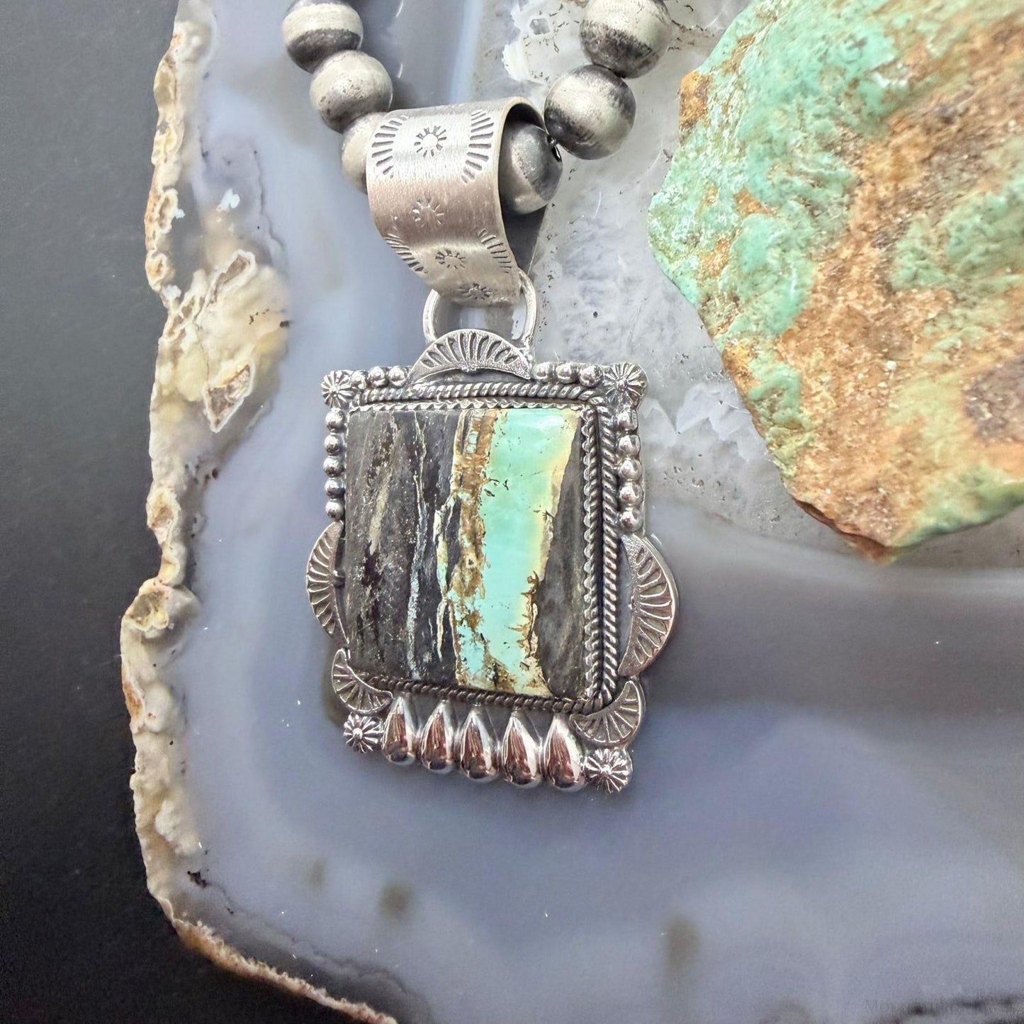 Sterling Silver Southwestern Style Square Blackjack Turquoise Pendant For Women