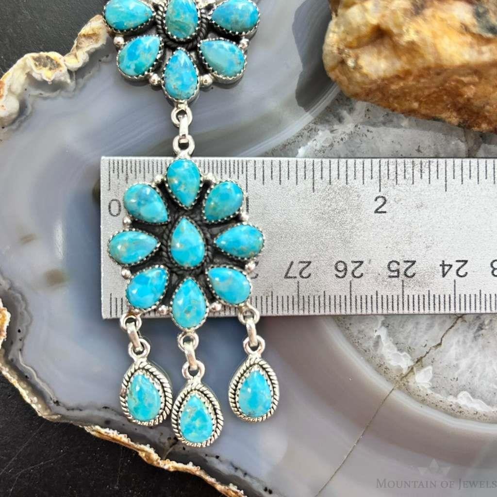 Sterling Silver Southwestern Style 25 Teardrop Turquoise Cluster 17" Necklace For Women