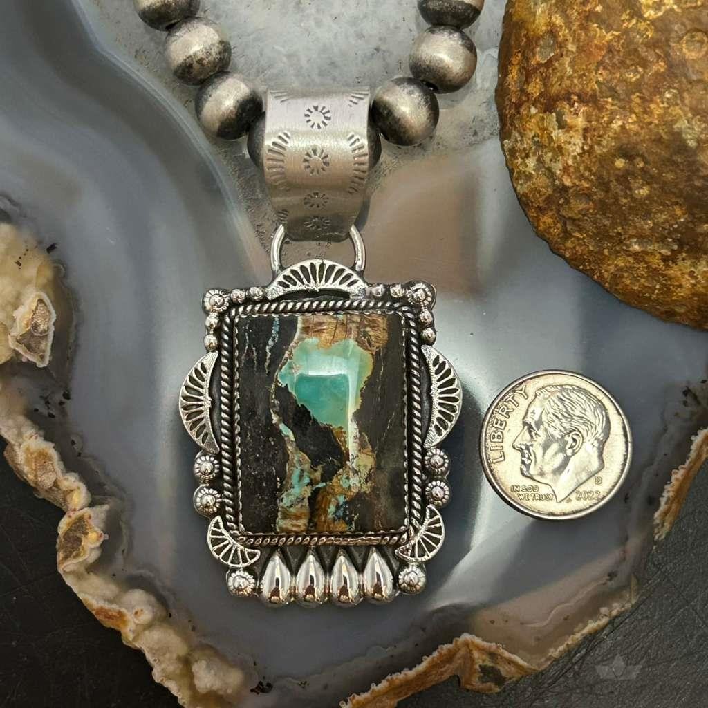 Sterling Silver Southwestern Style Rectangle Blackjack Turquoise Pendant For Women #1