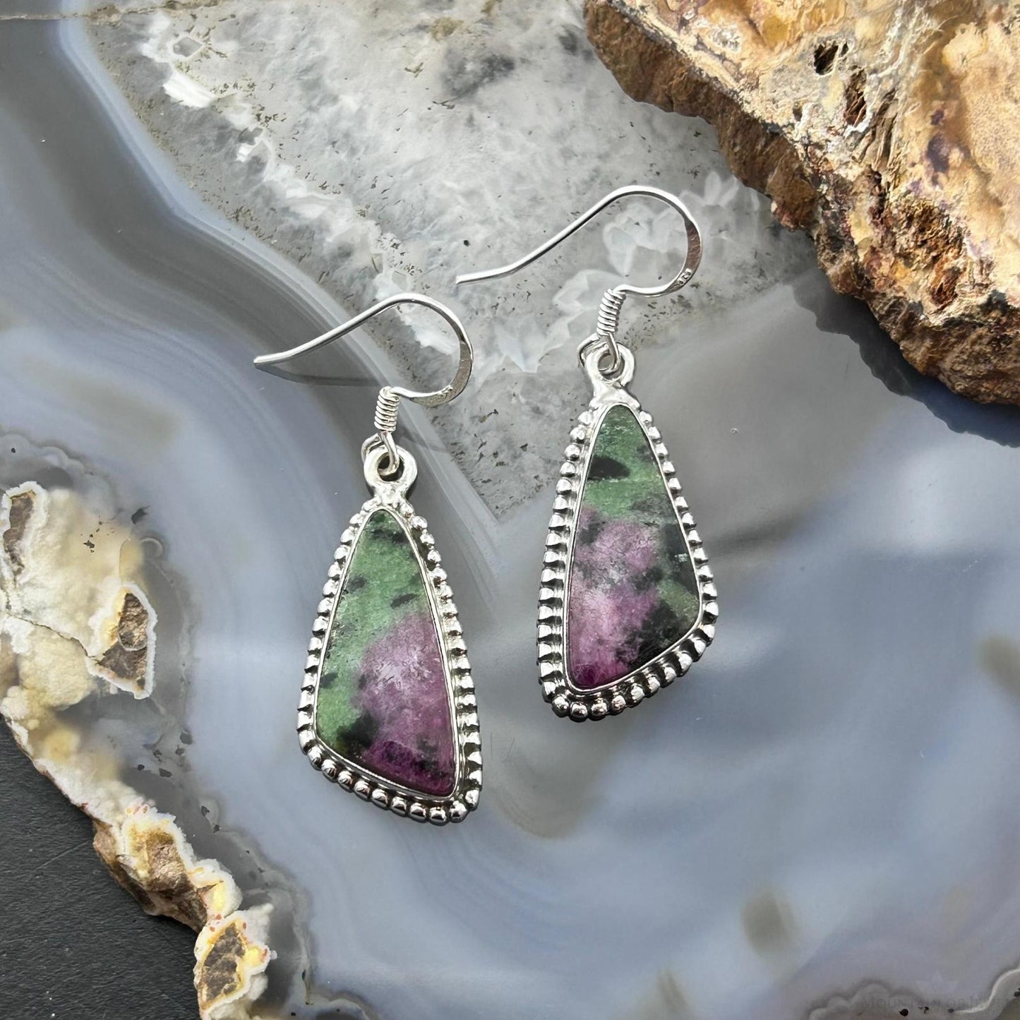 Sterling Silver Southwestern Style Triangular Ruby Zoisite Dangle Earrings For Women
