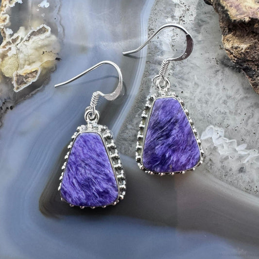 Sterling Silver Southwestern Style Trapezoid Charoite Decorated Dangle Earrings For Women
