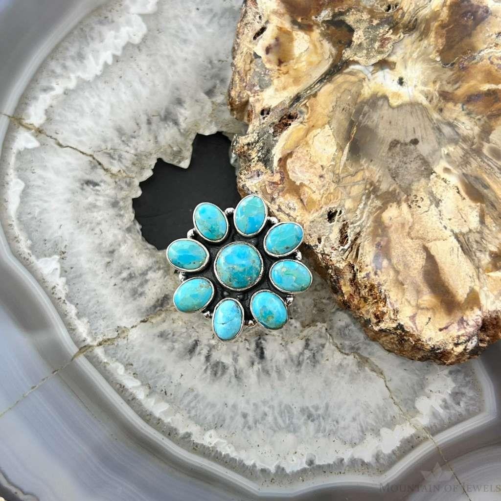 Sterling Silver Southwestern Style Mohave Turquoise Cluster Ring Size 7.75 For Women