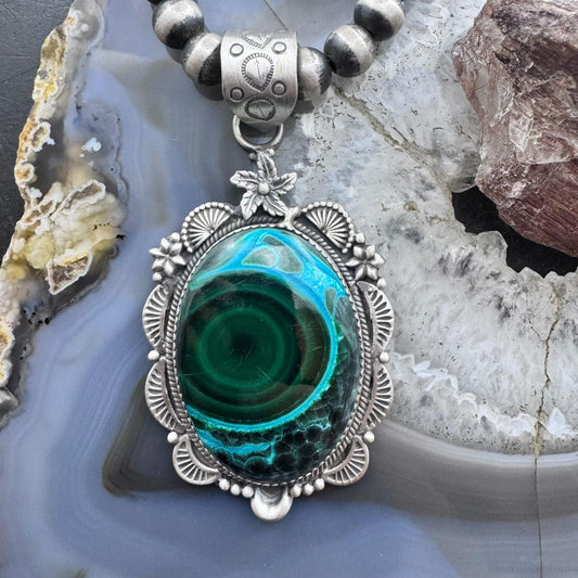 Sterling Silver Southwestern Style Oval Azurite Malachite Decorated Pendant For Women