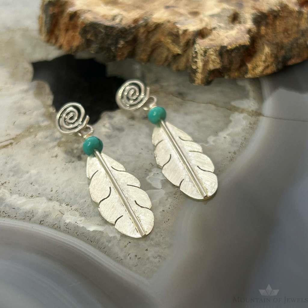 Anthony Gatewood Sterling Silver & Turquoise Spiral Feather Dangle Earrings For Women