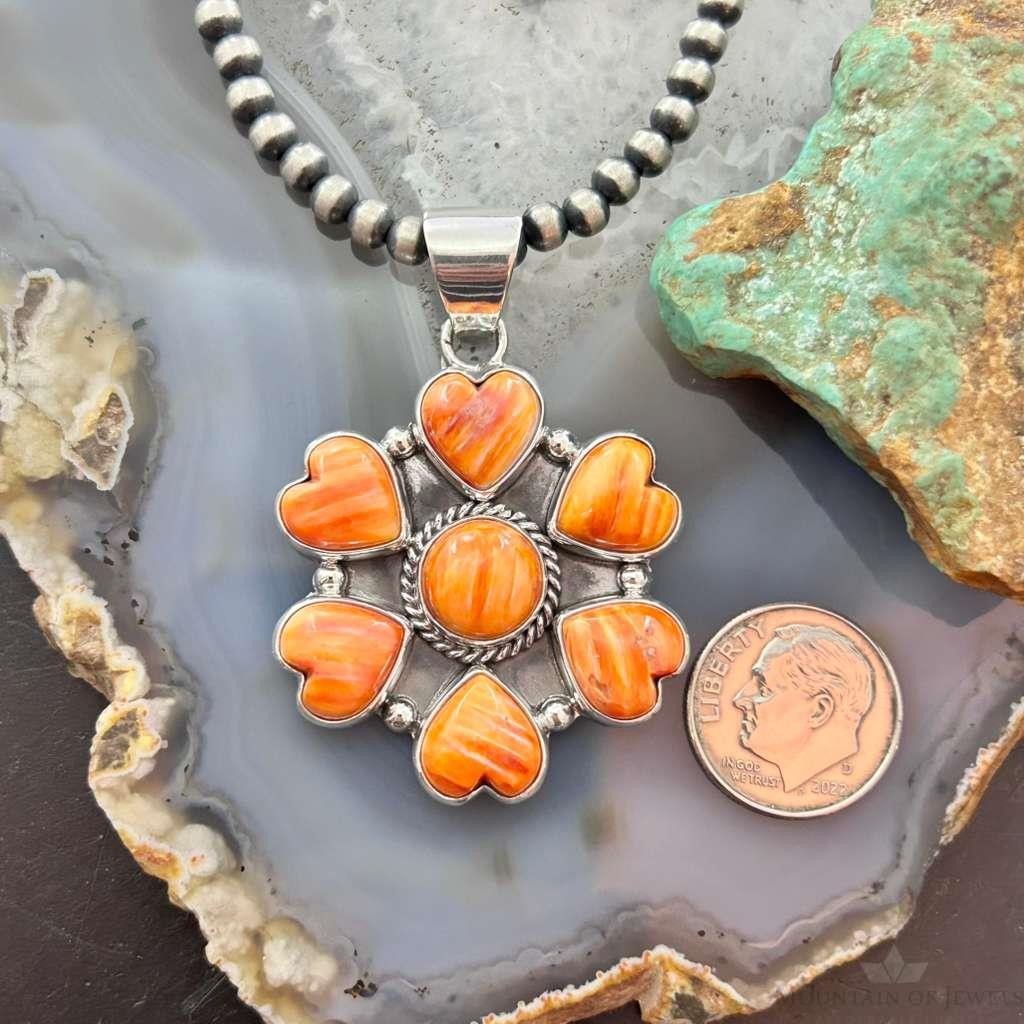 Native American Sterling Silver Hearts Spiny Oyster Cluster Pendant For Women