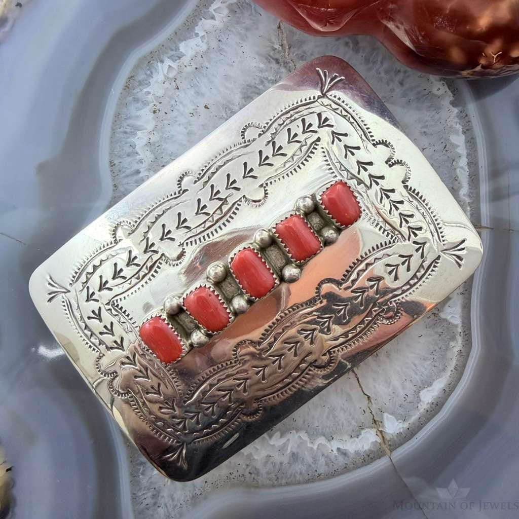 Joann Begay Native American Sterling Silver 5 Coral Stamped Belt Buckle For Men