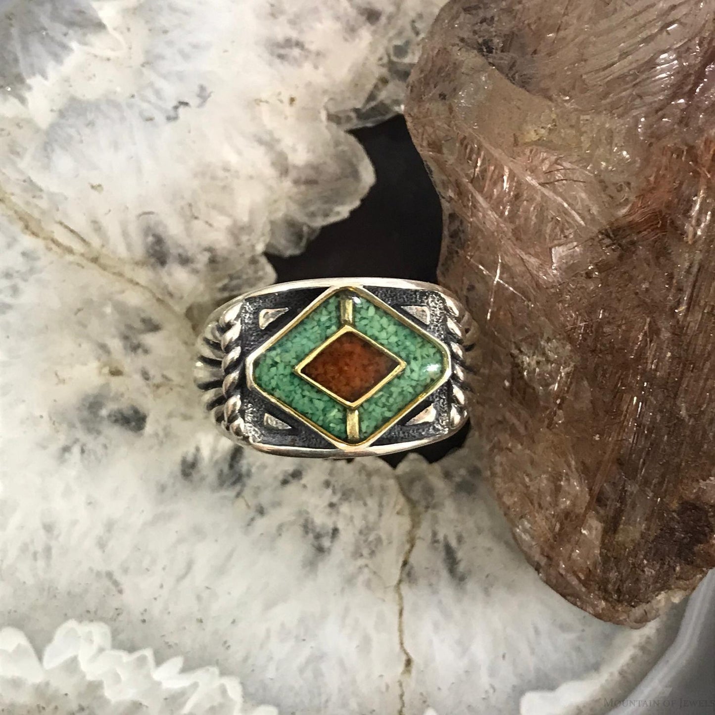 Carolyn Pollack Sterling Silver Green Turquoise & Coral Chip Inlay Ring Size 9 For Women