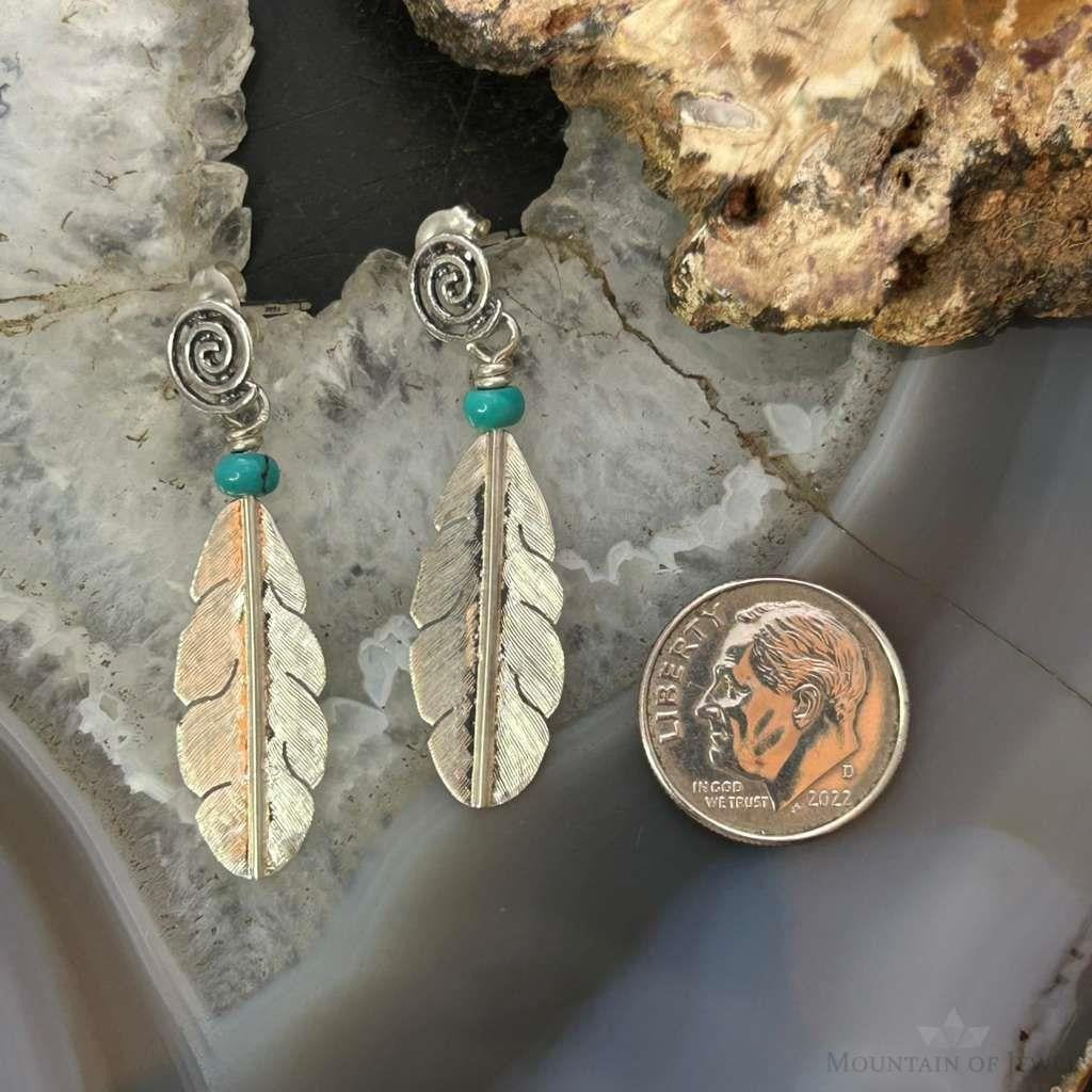 Anthony Gatewood Sterling Silver & Turquoise Spiral Feather Dangle Earrings For Women