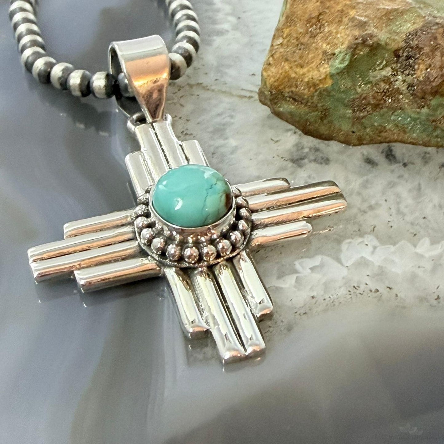 Sterling Silver Southwestern Style Rounded Mohave Turquoise Unisex Zia Pendant